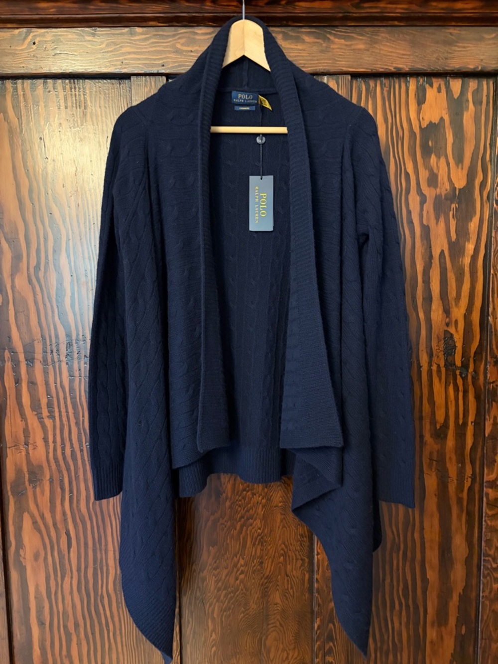 Ralph Lauren Cashmere Navy Cable-Knit Open Front Sweater
